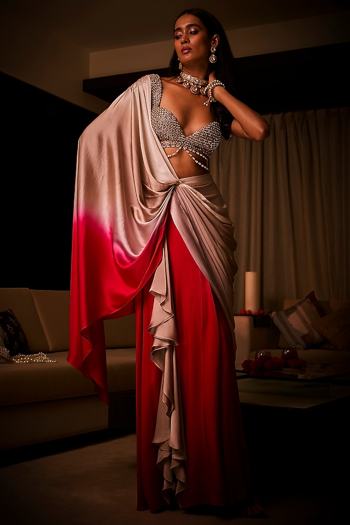 Dusty Pink & Sangria Ombre Pure Silk Satin Pre-Draped Wedding Saree Set by Babita Malkani at Pernia's Pop Up Shop