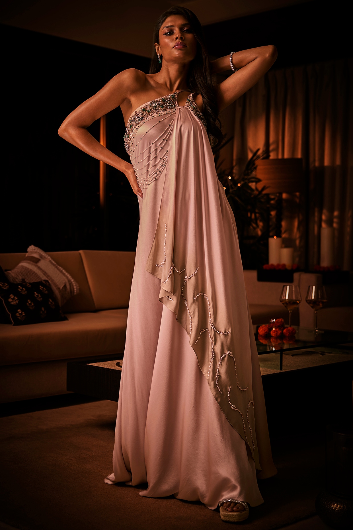 Babita Malkani Dusty Rose & Taupe Ombre Pure Silk Satin Embroidered Gown