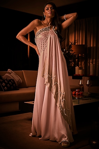 Dusty Rose & Taupe Ombre Pure Silk Satin Embroidered Gown by Babita Malkani