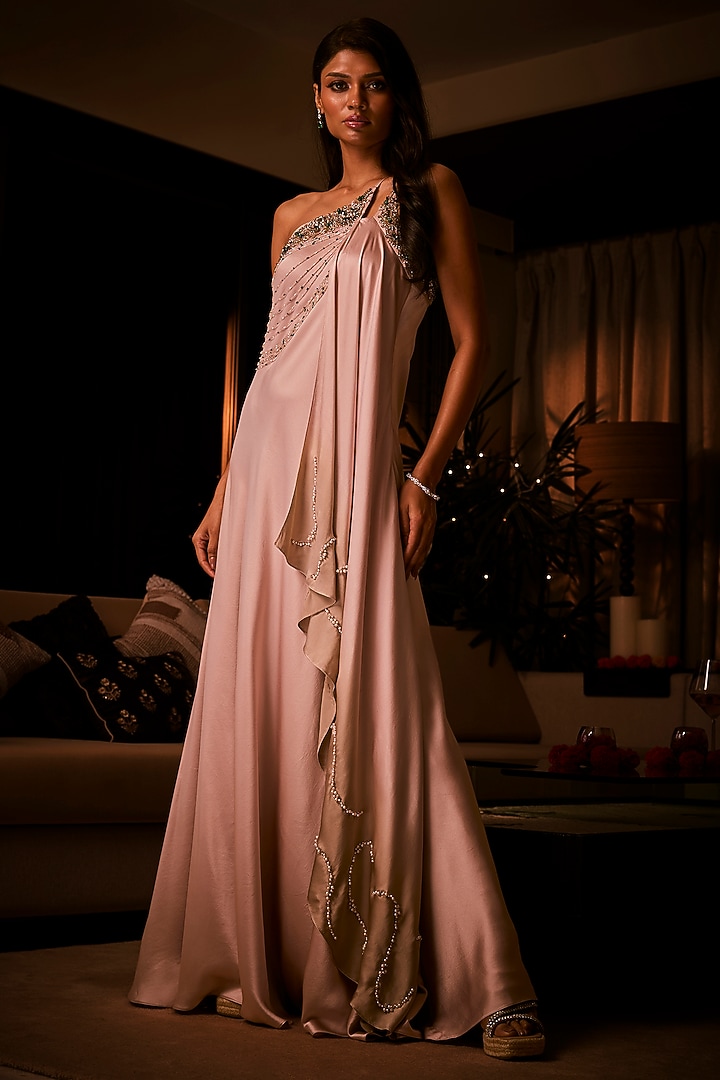 Dusty Rose & Taupe Ombre Pure Silk Satin Embroidered Engagement Gown by Babita Malkani at Pernia's Pop Up Shop