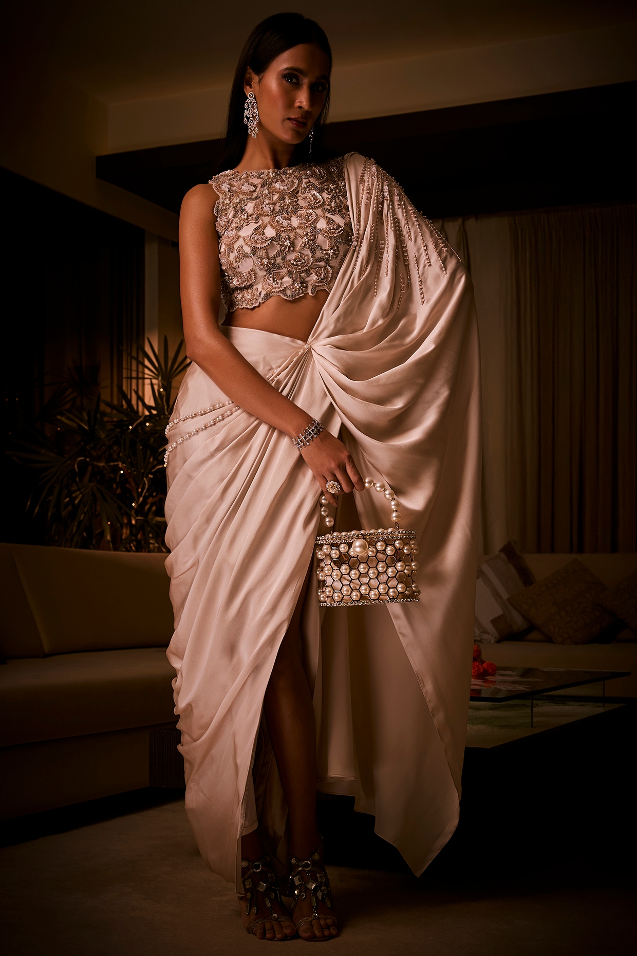 Babita Malkani Ivory Pure Silk Satin Pre-Draped Saree Set
