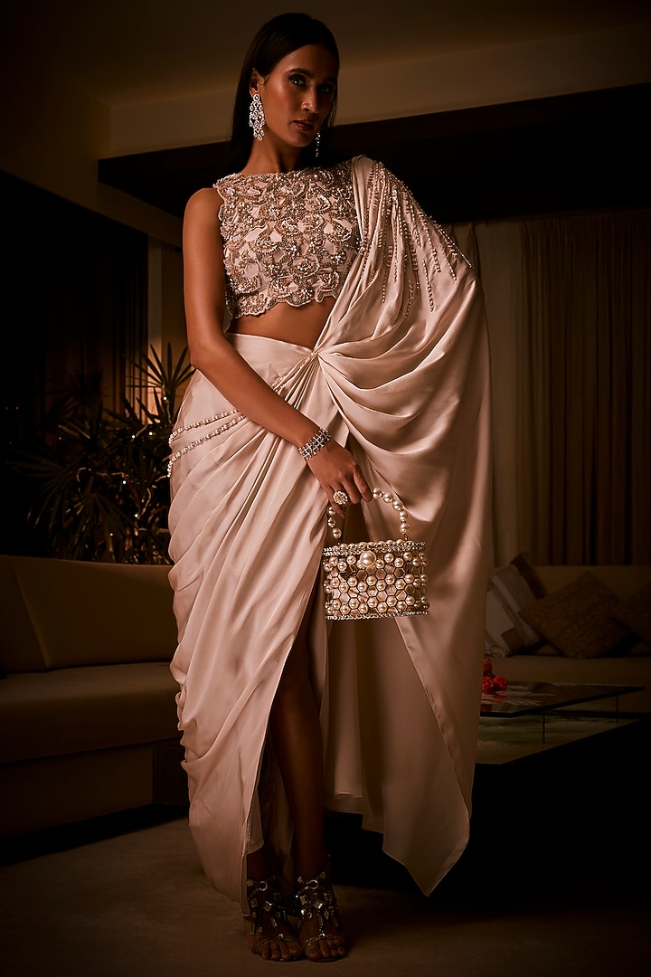 Ivory Pure Silk Satin Pre-Draped Reception Saree Set by Babita Malkani at Pernia's Pop Up Shop