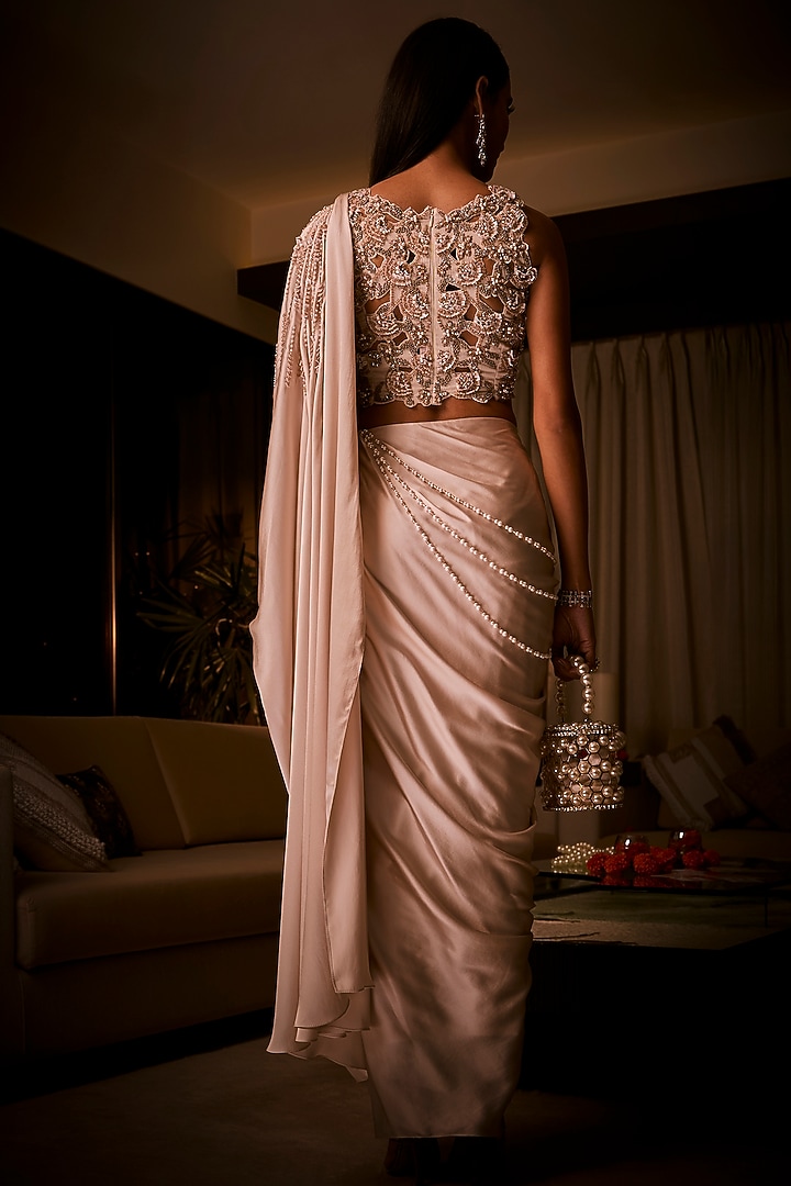 Ivory Pure Silk Satin Pre-Draped Reception Saree Set by Babita Malkani at Pernia's Pop Up Shop