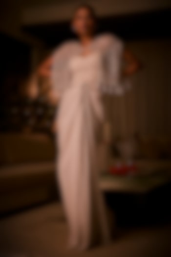 Ivory Net Draped Party Wear Dress With Embroidered Cape by Babita Malkani at Pernia's Pop Up Shop