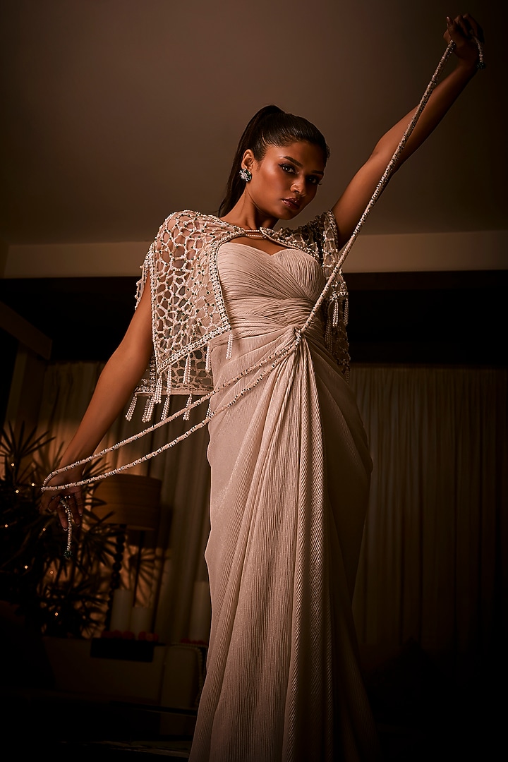 Ivory Net Draped Party Wear Dress With Embroidered Cape by Babita Malkani at Pernia's Pop Up Shop