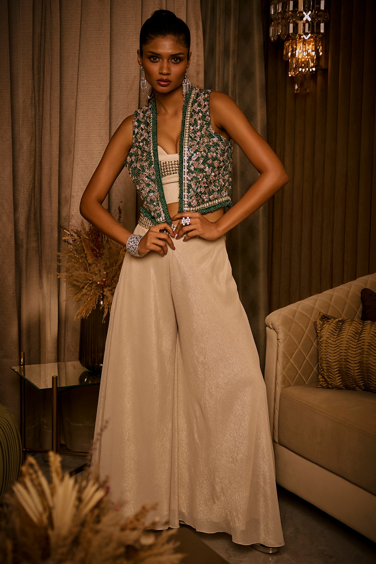Babita Malkani Ivory Pure Satin Flared Pant Set