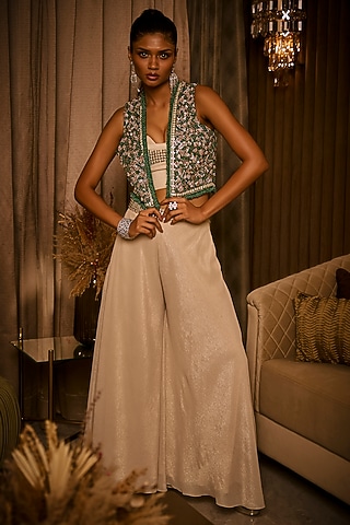 Ivory Pure Satin Flared Pant Set by Babita Malkani