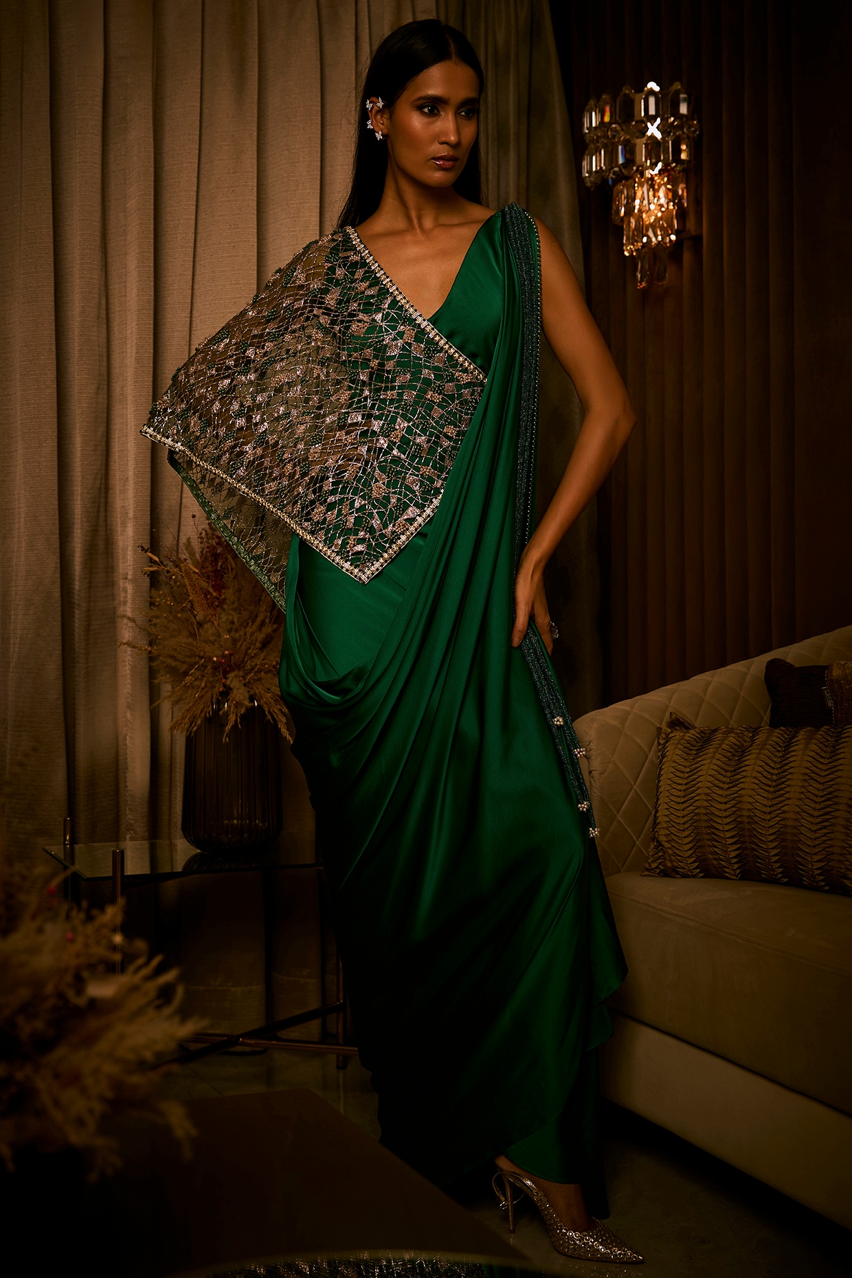 Babita Malkani Midnight Moss Green Pure Satin Draped Gown Saree