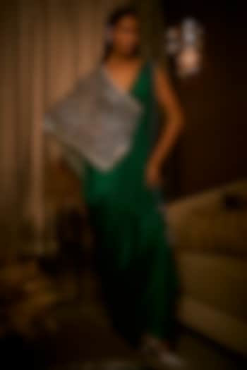 Midnight Moss Green Pure Satin Draped Reception Gown Saree by Babita Malkani at Pernia's Pop Up Shop