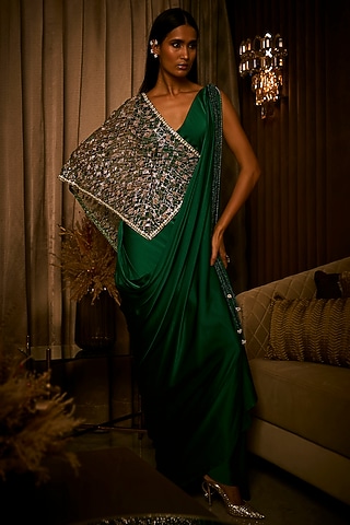 Midnight Moss Green Pure Satin Draped Gown Saree by Babita Malkani