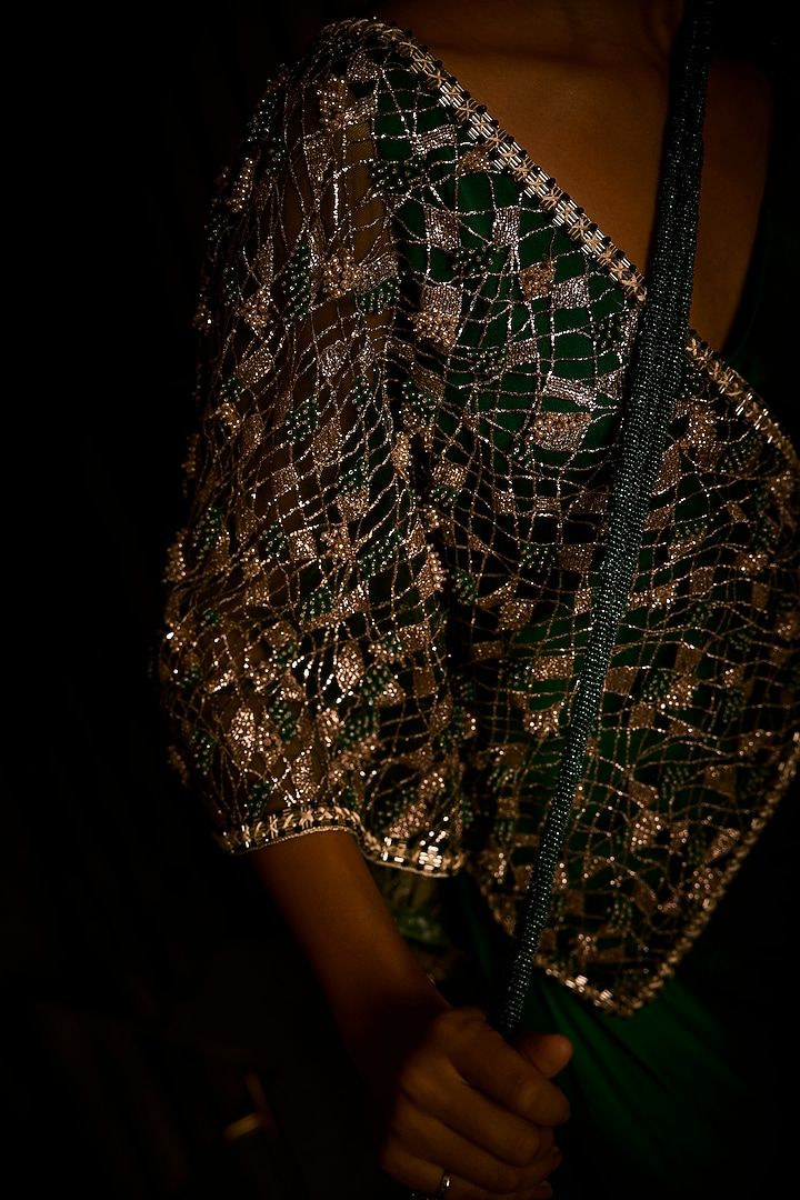 Midnight Moss Green Pure Satin Draped Reception Gown Saree by Babita Malkani at Pernia's Pop Up Shop