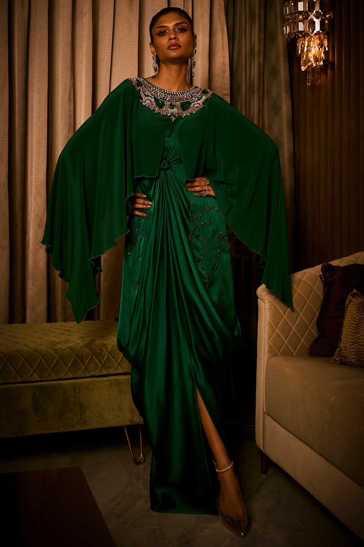 Babita Malkani Midnight Moss Green Pure Silk Satin Embroidered Dress