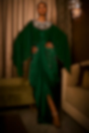 Midnight Moss Green Pure Silk Satin Embroidered Party Wear Dress by Babita Malkani at Pernia's Pop Up Shop