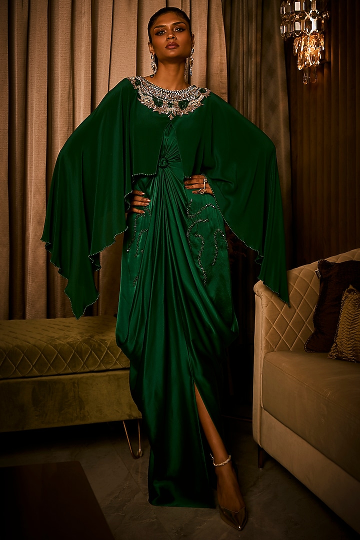Midnight Moss Green Pure Silk Satin Embroidered Party Wear Dress by Babita Malkani at Pernia's Pop Up Shop