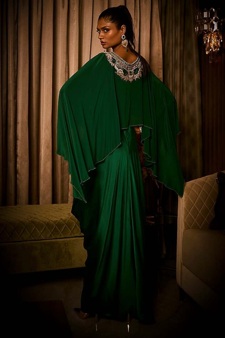 Midnight Moss Green Pure Silk Satin Embroidered Party Wear Dress by Babita Malkani at Pernia's Pop Up Shop