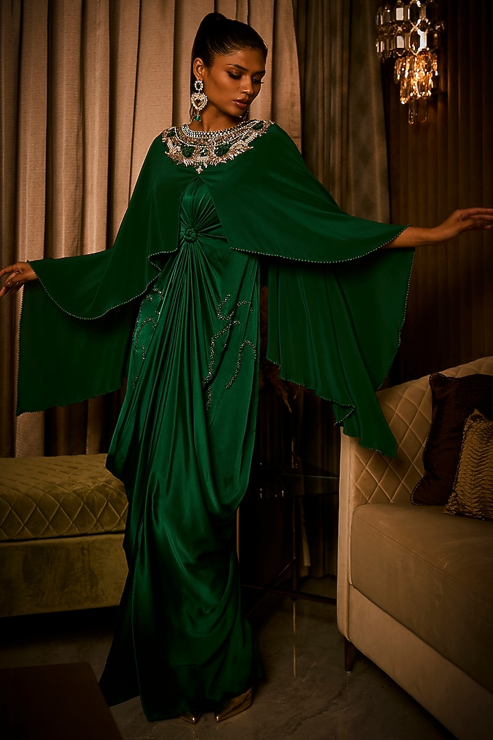 Midnight Moss Green Pure Silk Satin Embroidered Party Wear Dress by Babita Malkani at Pernia's Pop Up Shop