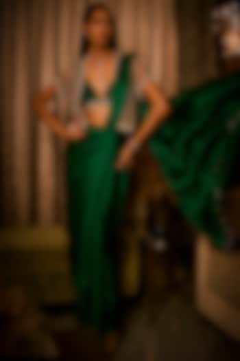 Midnight Moss Green Pure Silk Satin Pre-Draped Jacket Reception Saree Set by Babita Malkani at Pernia's Pop Up Shop