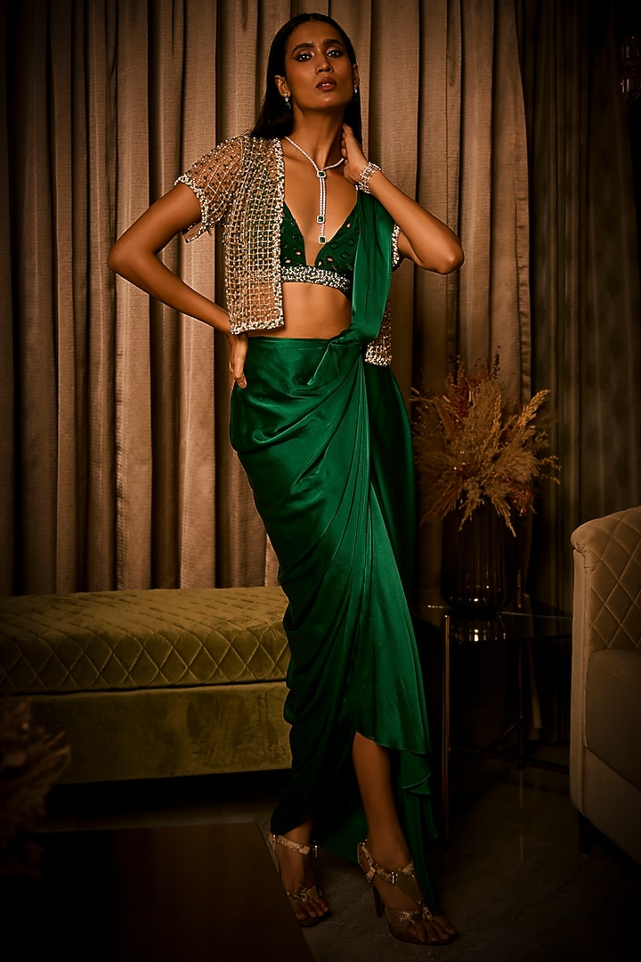 Midnight Moss Green Pure Silk Satin Pre-Draped Jacket Reception Saree Set by Babita Malkani at Pernia's Pop Up Shop