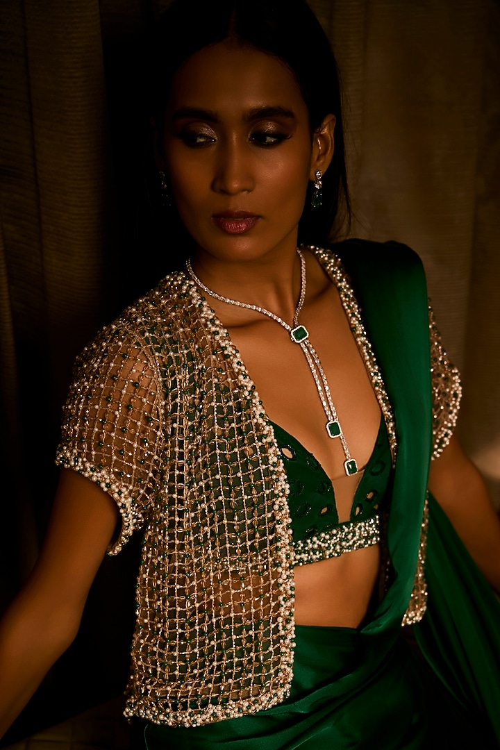 Midnight Moss Green Pure Silk Satin Pre-Draped Jacket Reception Saree Set by Babita Malkani at Pernia's Pop Up Shop