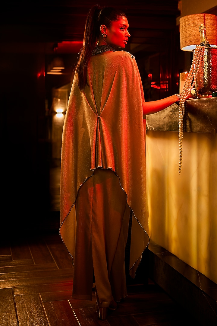 Taupe Crushed Draped Skirt Set by Babita Malkani at Pernia's Pop Up Shop