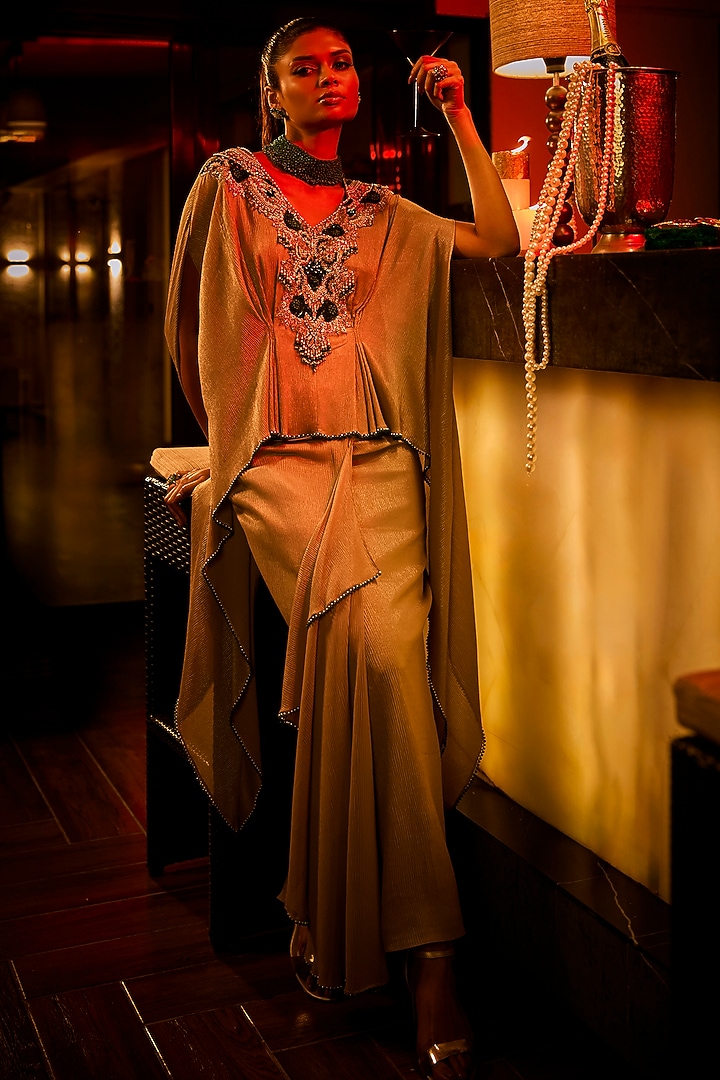 Taupe Crushed Draped Skirt Set by Babita Malkani at Pernia's Pop Up Shop