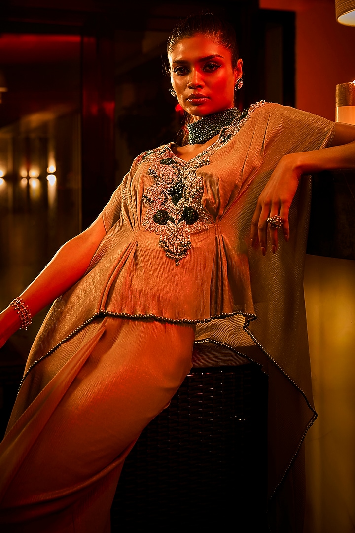 Taupe Crushed Draped Skirt Set by Babita Malkani at Pernia's Pop Up Shop