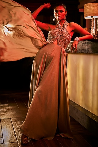 Taupe Crushed Beaded Halter Jumpsuit by Babita Malkani