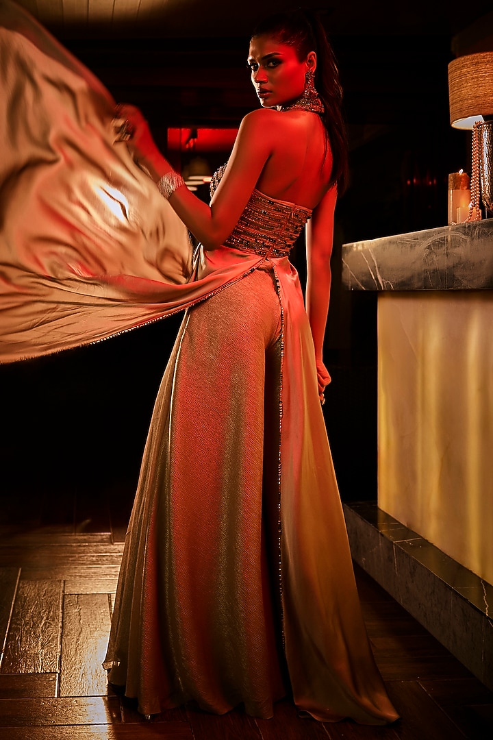 Taupe Crushed Beaded Halter Jumpsuit by Babita Malkani at Pernia's Pop Up Shop