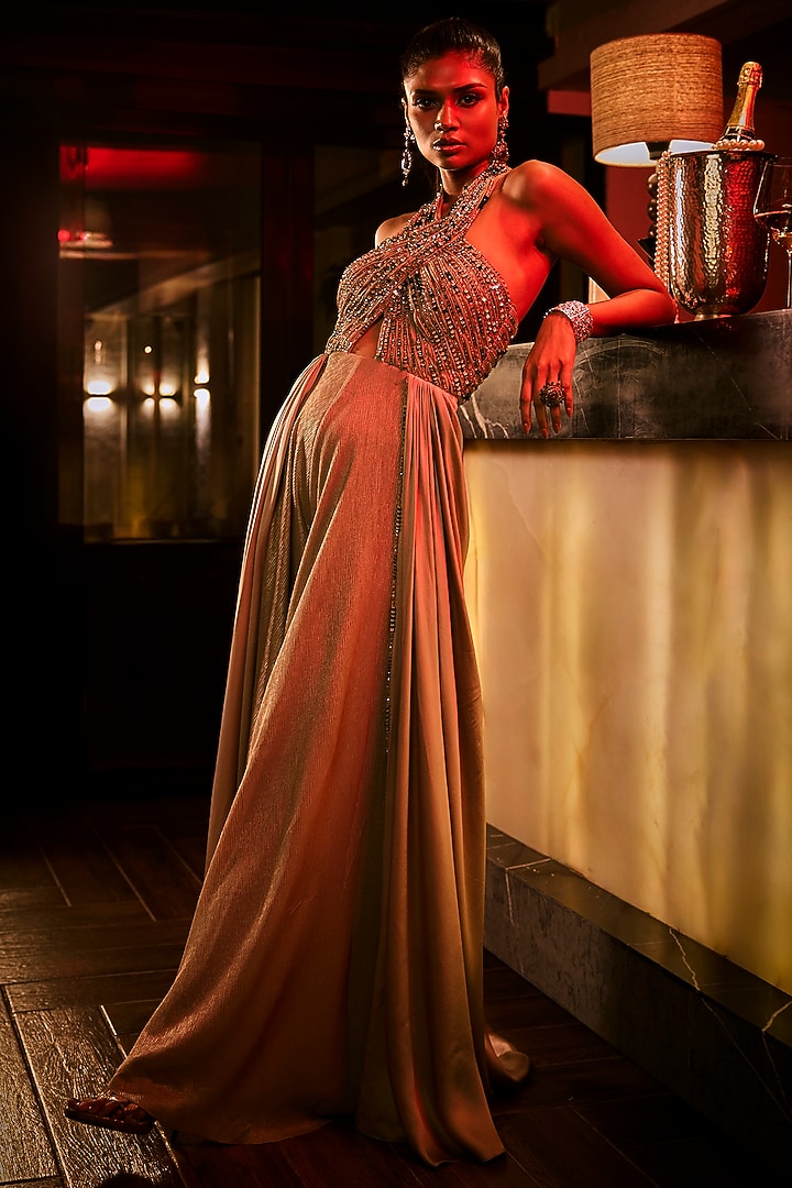 Taupe Crushed Beaded Halter Jumpsuit by Babita Malkani at Pernia's Pop Up Shop