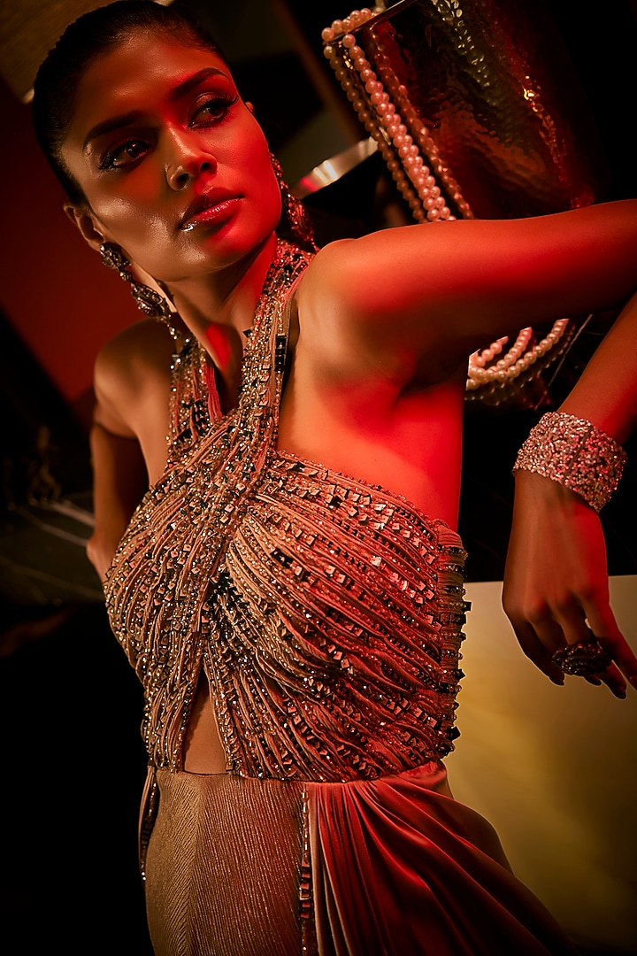 Taupe Crushed Beaded Halter Jumpsuit by Babita Malkani at Pernia's Pop Up Shop