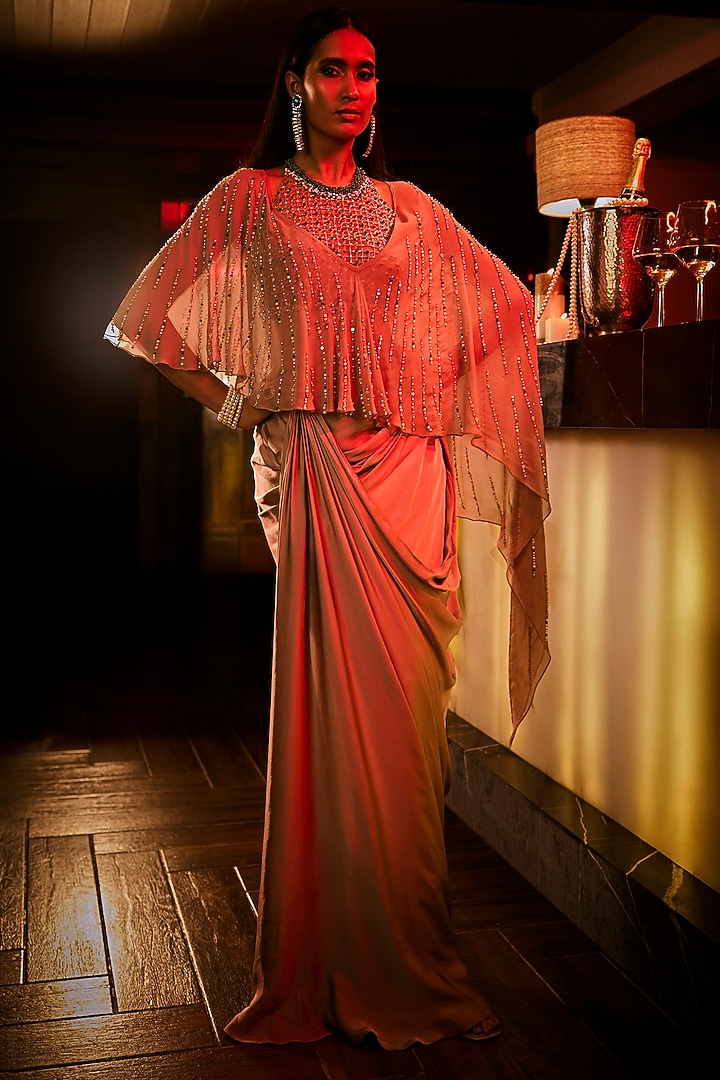 Taupe Silk Satin Draped Skirt Set by Babita Malkani at Pernia's Pop Up Shop