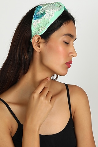 Turquoise Abstract Embroidered Headband by Diya Aswani x Babita Malkani