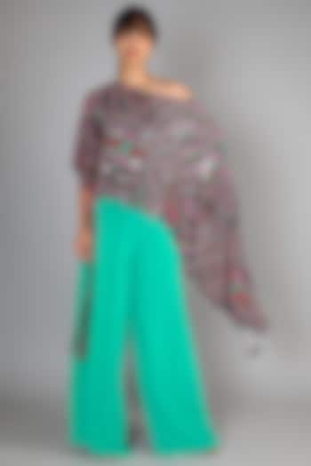 Mint Green Embroidered Jumpsuit With Cape by Babita Malkani at Pernia's Pop Up Shop