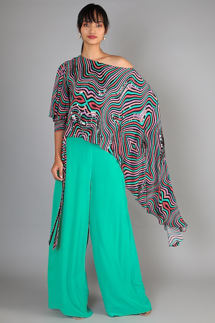 Mint Green Embroidered Jumpsuit With Cape by Babita Malkani at Pernia's Pop Up Shop