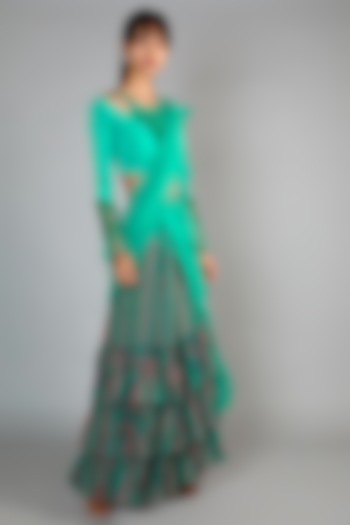 Mint Green Embroidered Pre-Draped Saree Set by Babita Malkani
