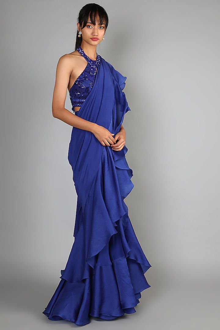 Sky Blue Embroidered Wedding Saree-Gown by Babita Malkani at Pernia's Pop Up Shop