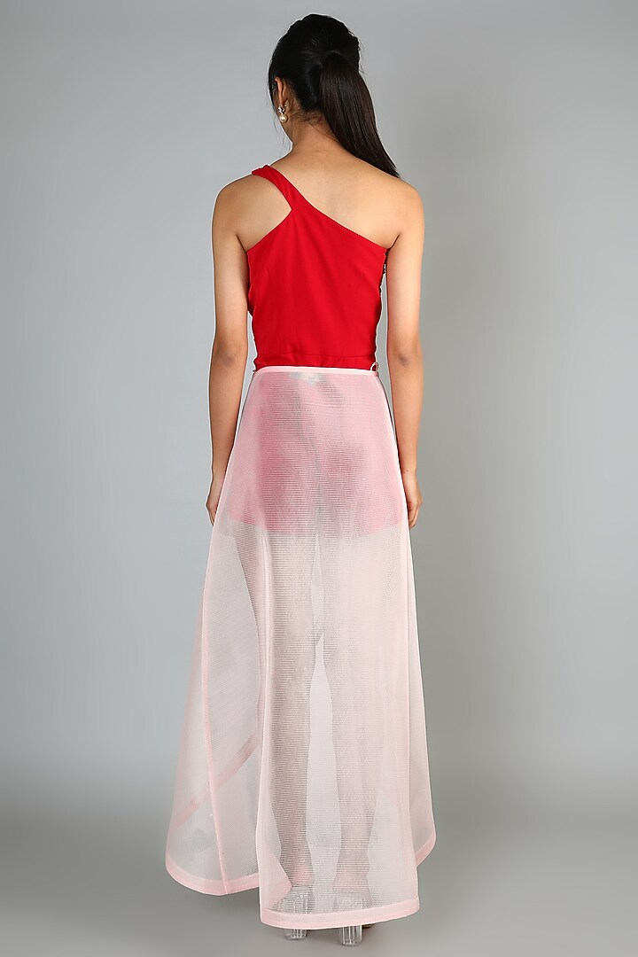 Red Embroidered Pleated Skirt Set by Babita Malkani at Pernia's Pop Up Shop