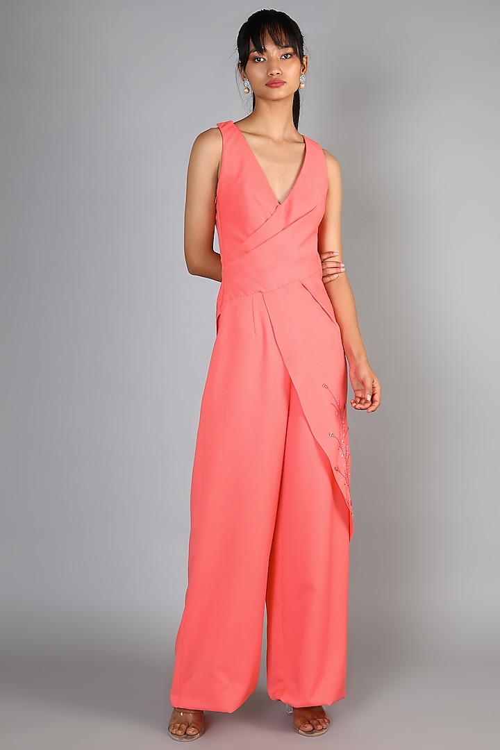 Peach Embroidered Draped Jumpsuit by Babita Malkani