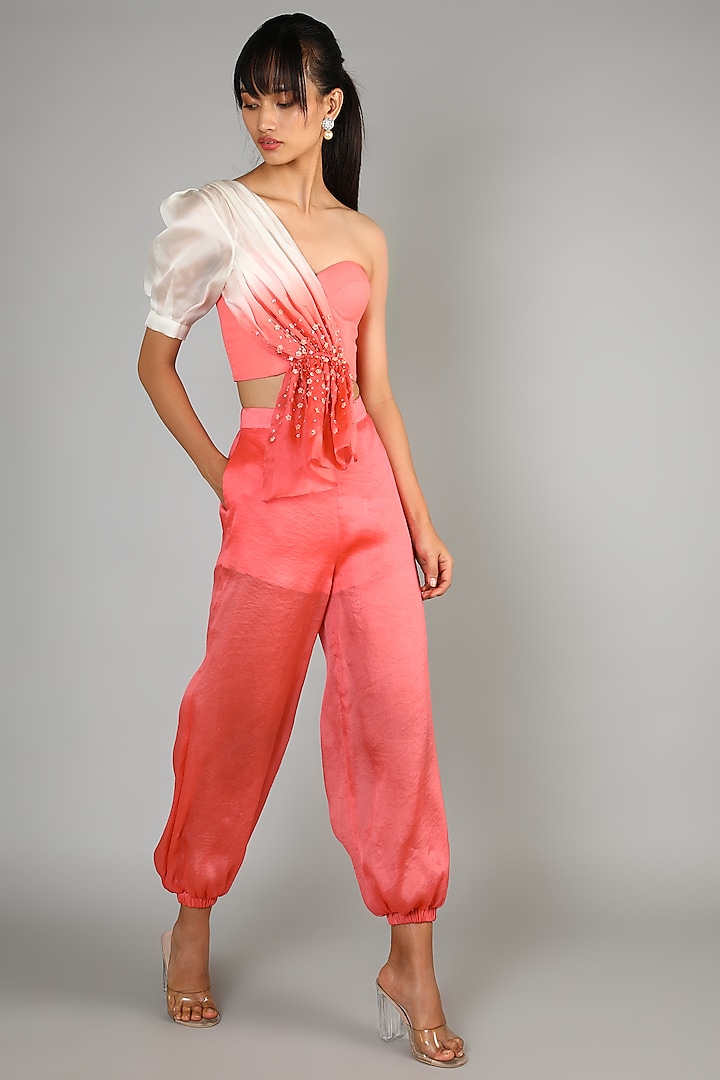 Peach One Shoulder Bustier With Pants by Babita Malkani