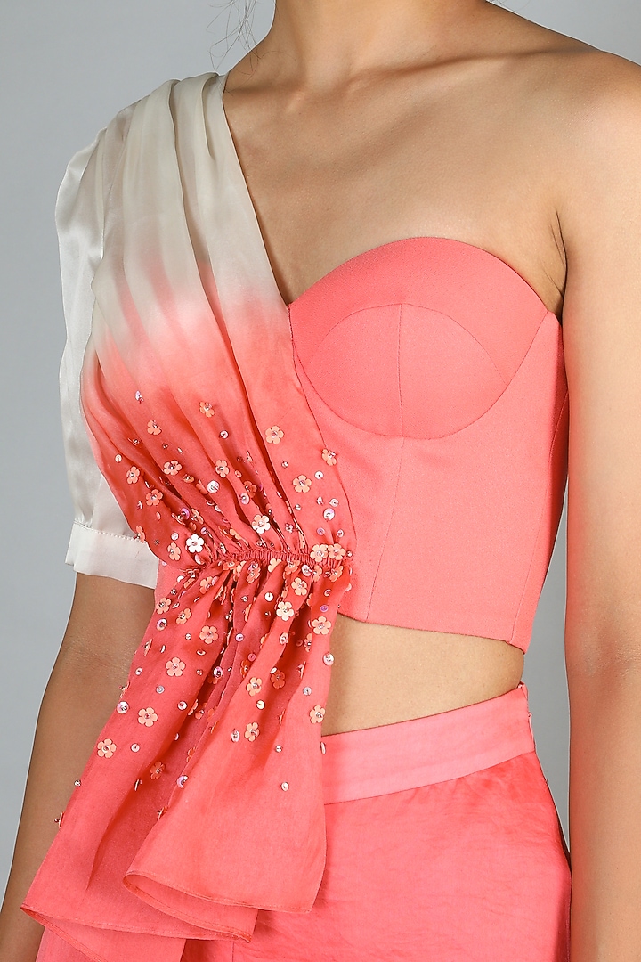 Peach One Shoulder Bustier With Pants by Babita Malkani at Pernia's Pop Up Shop