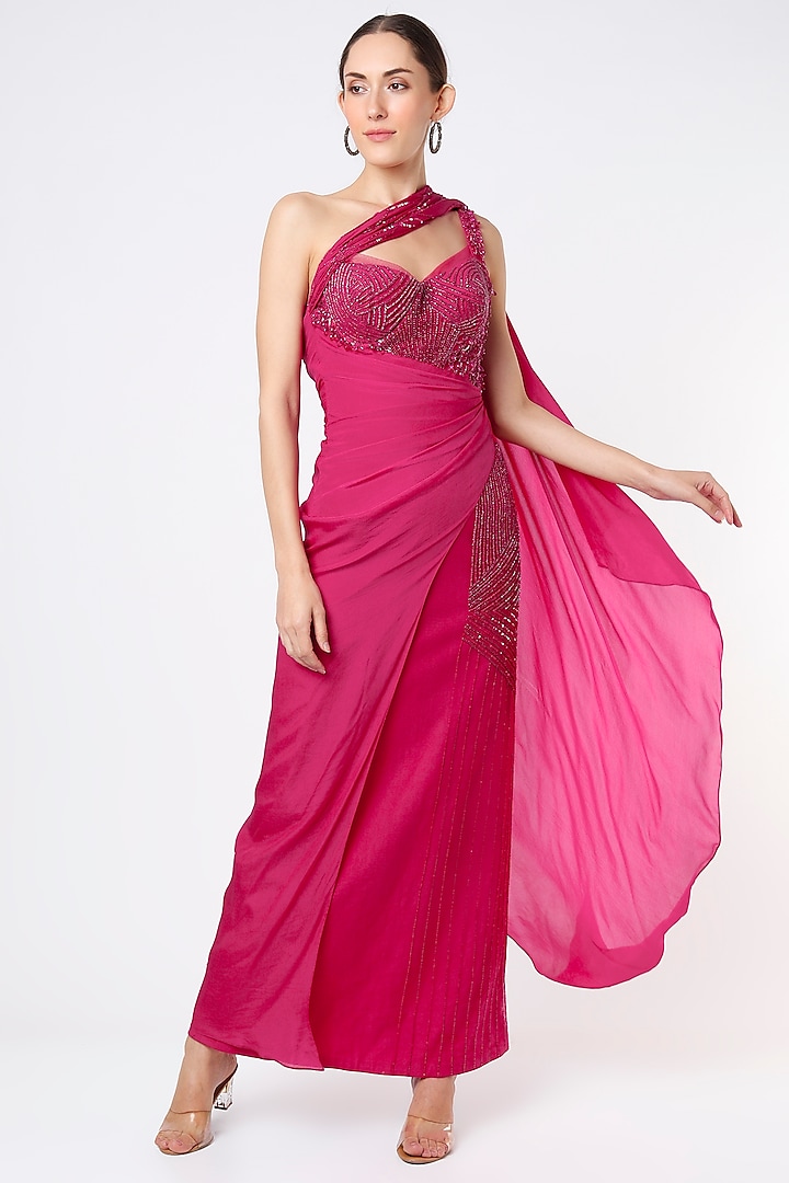 Magenta Embroidered Draped One-Shoulder Gown by Babita Malkani