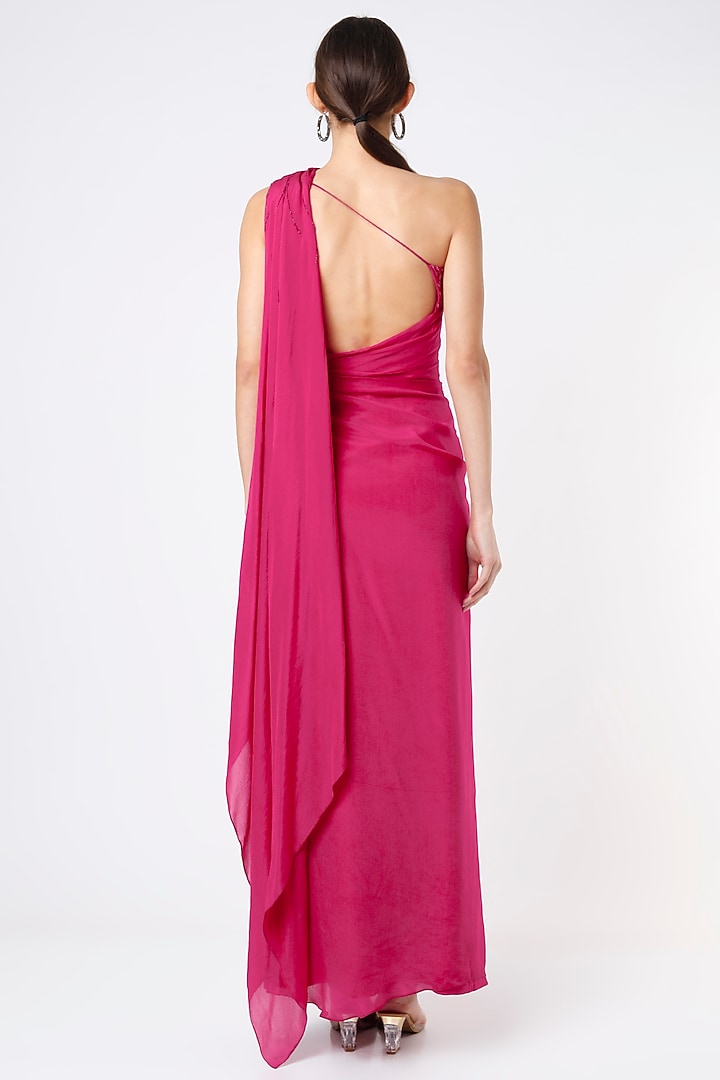 Magenta Embroidered Draped One-Shoulder Engagement Gown by Babita Malkani at Pernia's Pop Up Shop