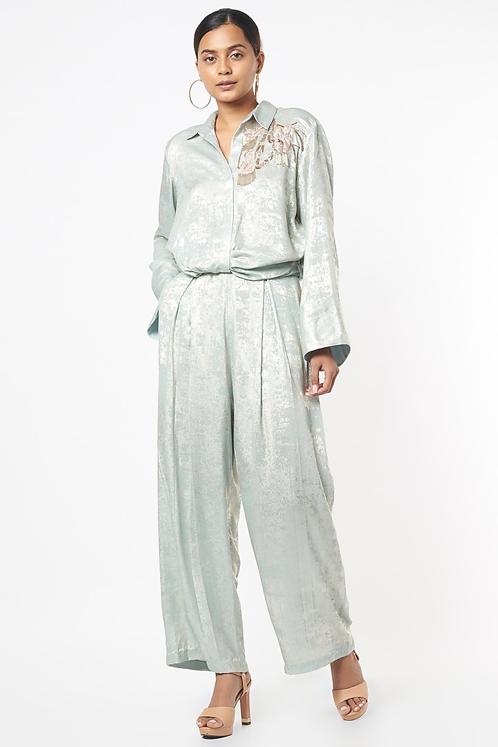 Mint Green Cotton Pant Set by Babita Malkani