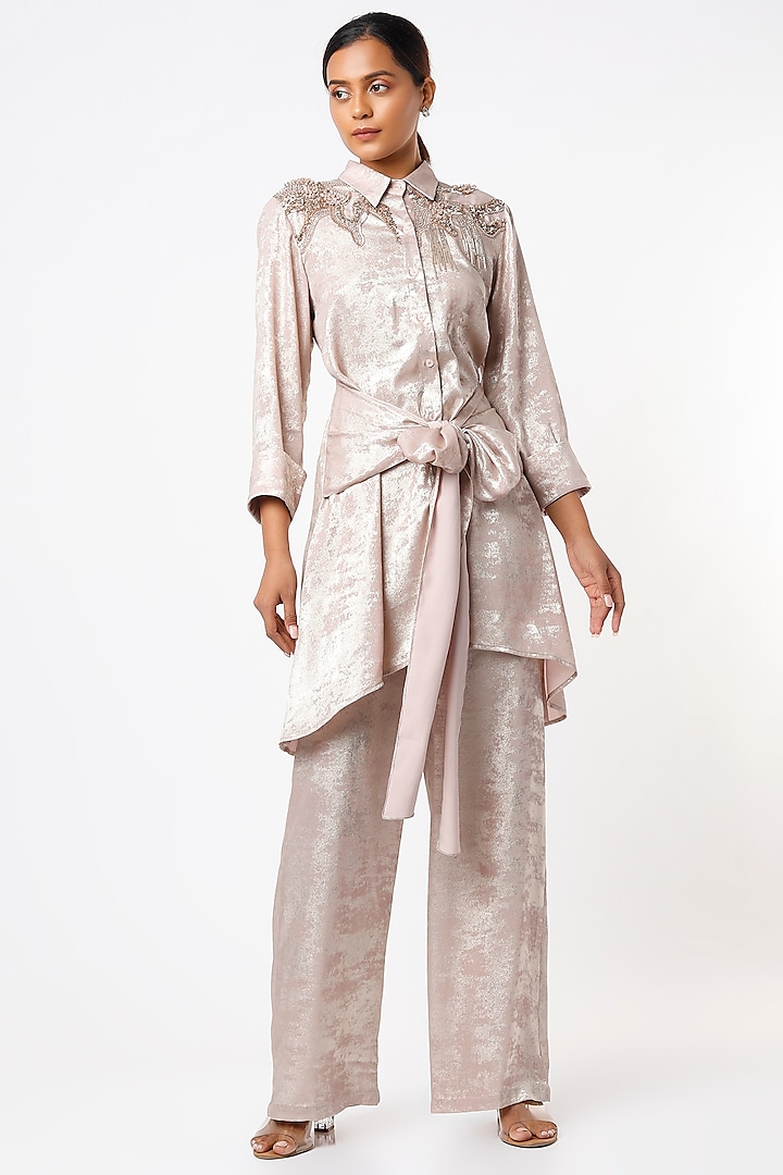 Nude Cotton Crepe Straight Pant Set by Babita Malkani