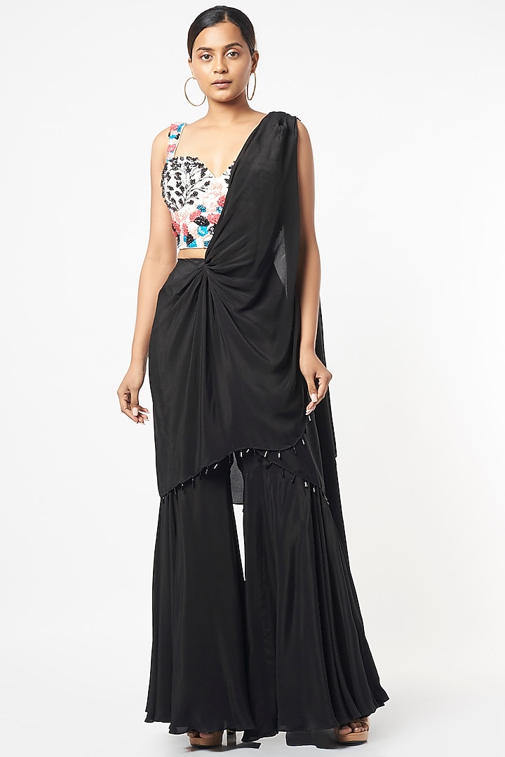 Black Crepe Pre-Draped Sharara Saree Set by Babita Malkani