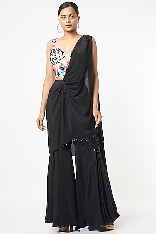 Black Crepe Pre-Draped Sharara Saree Set by Babita Malkani