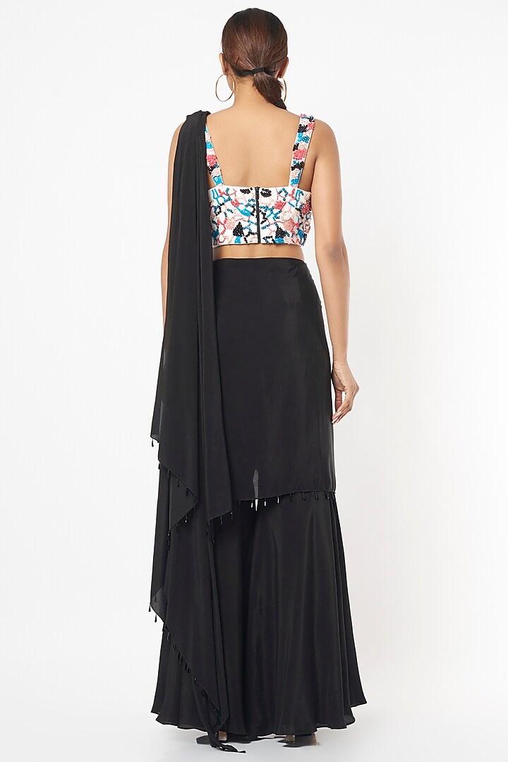 Black Crepe Pre-Draped Sharara Wedding Saree Set by Babita Malkani at Pernia's Pop Up Shop