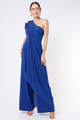 Blue Embroidered Asymmetrical Jumpsuit by Babita Malkani