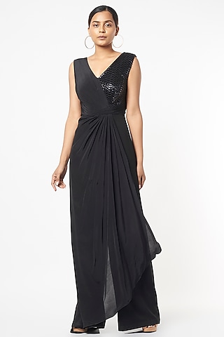 Charcoal Black Embroidered Draped Jumpsuit by Babita Malkani