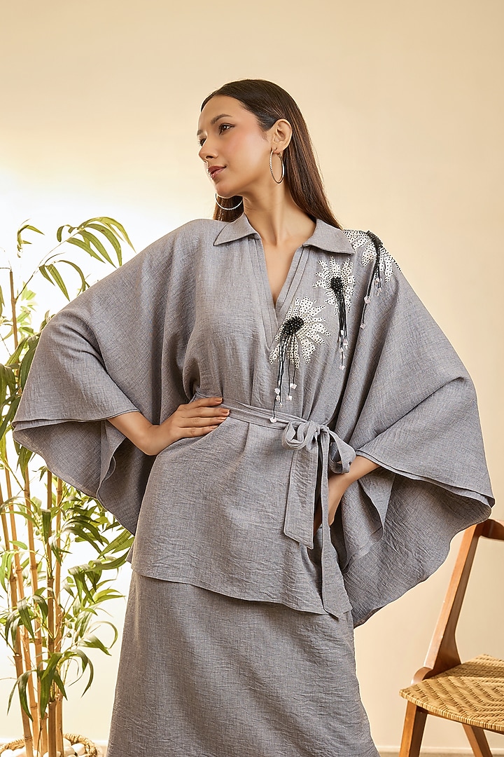 Grey Turkish Linen Floral Embroidered Layered Kaftan Vacation Dress With Sash Belt by Babita Malkani at Pernia's Pop Up Shop
